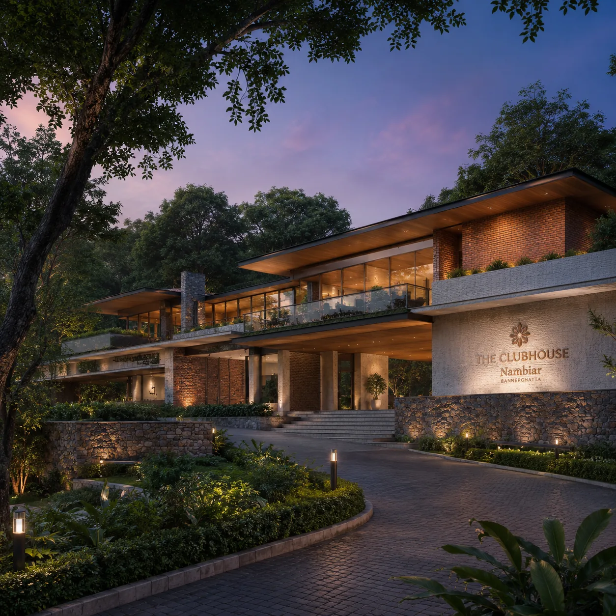 Nambiar Bannerghatta clubhouse with nature-inspired stone plinths and timber