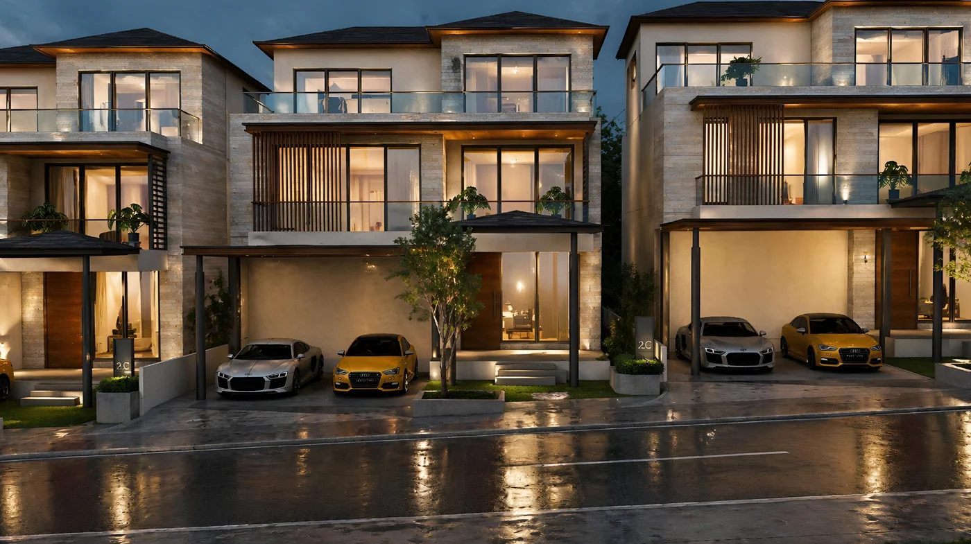 Nambiar Bannerghatta Serene facade with brick, glazing and dark-metal villa elevation